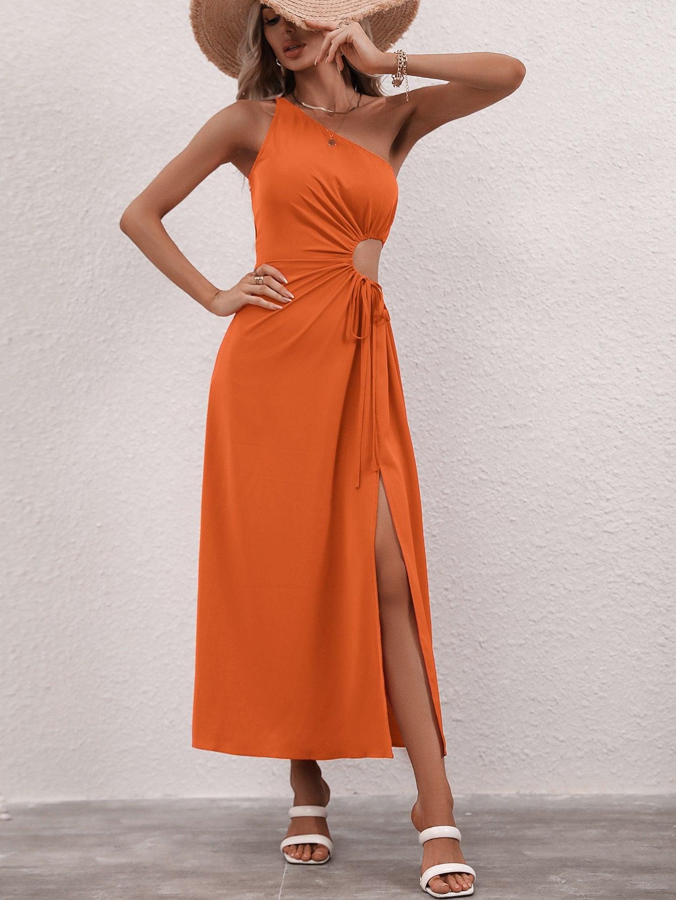 Vestido Longo Um Ombro Só com Recorte Lateral e Fenda – Elegância Moderna para Diversas Ocasiões