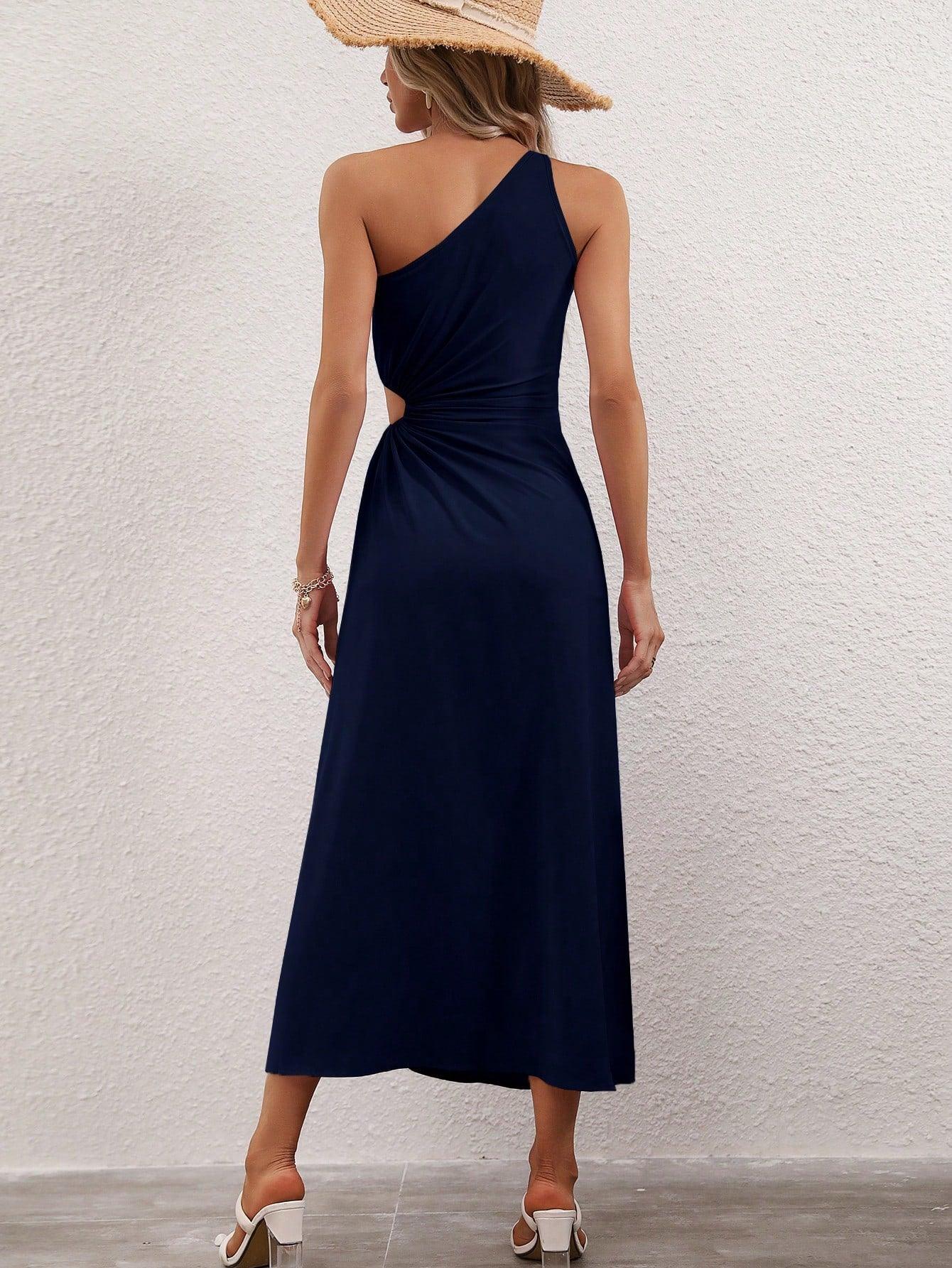 Vestido Longo Um Ombro Só com Recorte Lateral e Fenda – Elegância Moderna para Diversas Ocasiões