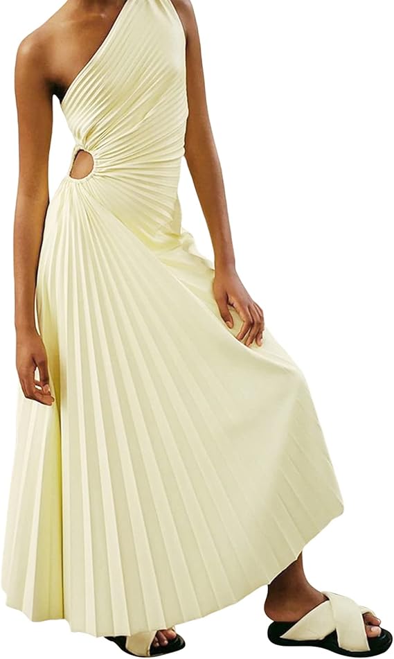 Vestido Longo Assimétrico Plissado de Um Ombro Só – Sofisticação Escultural