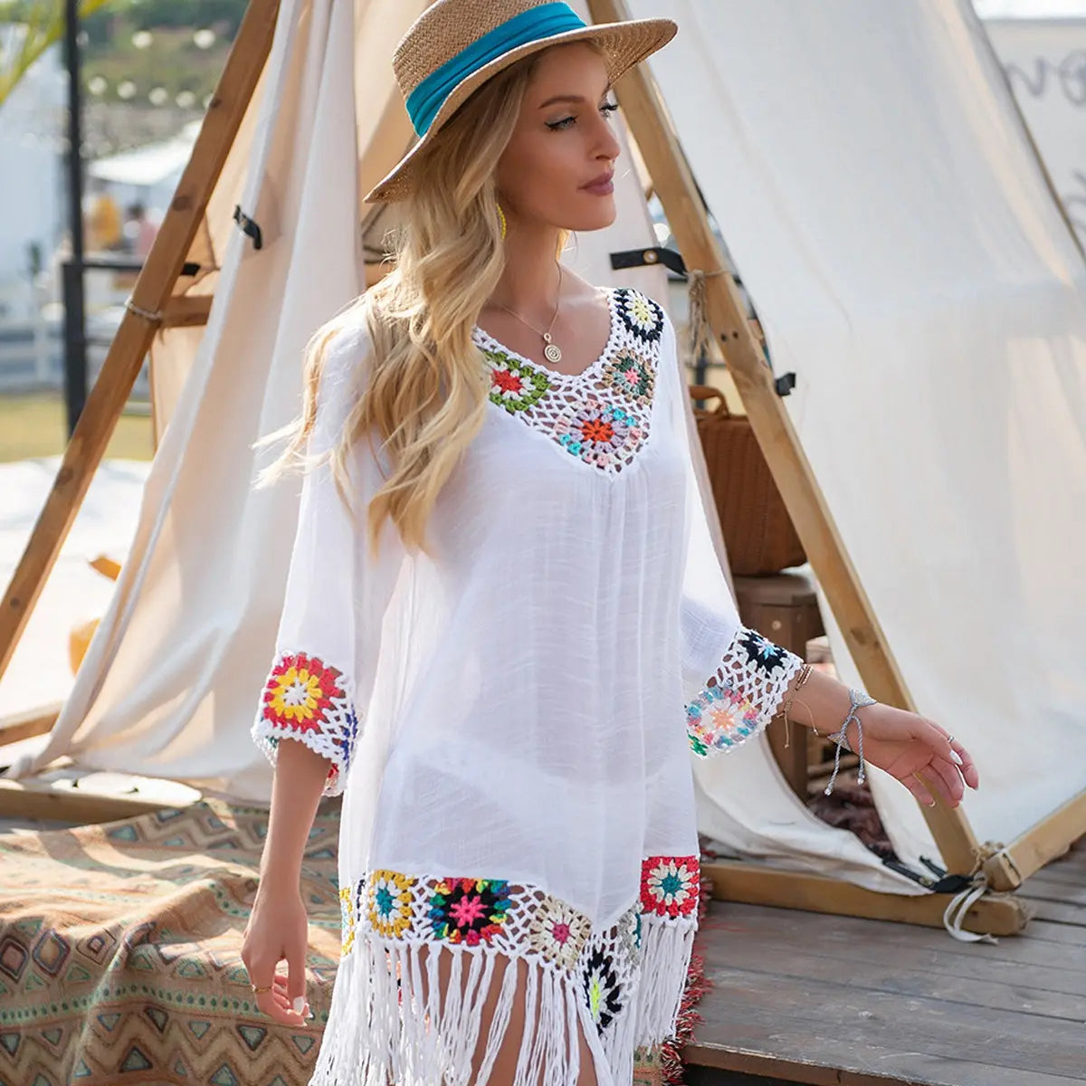 Saída de Praia Feminina em Crochê Branco com Franjas Boho – Le Vie