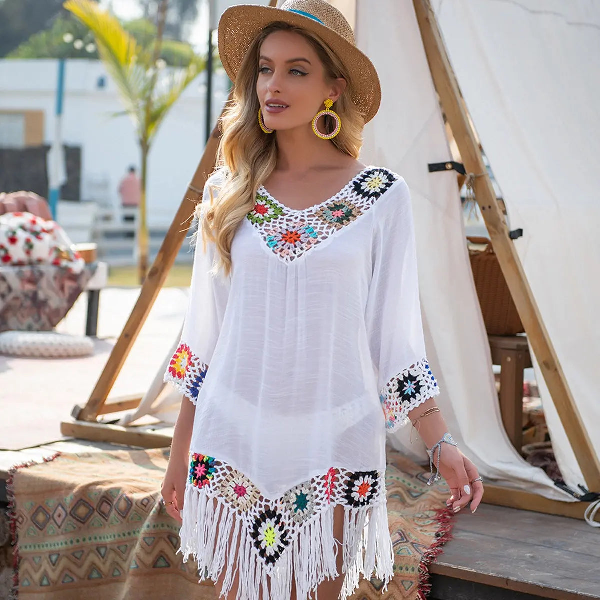 Saída de Praia Feminina em Crochê Branco com Franjas Boho – Le Vie