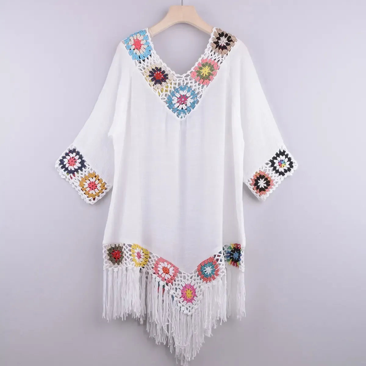 Saída de Praia Feminina em Crochê Branco com Franjas Boho – Le Vie