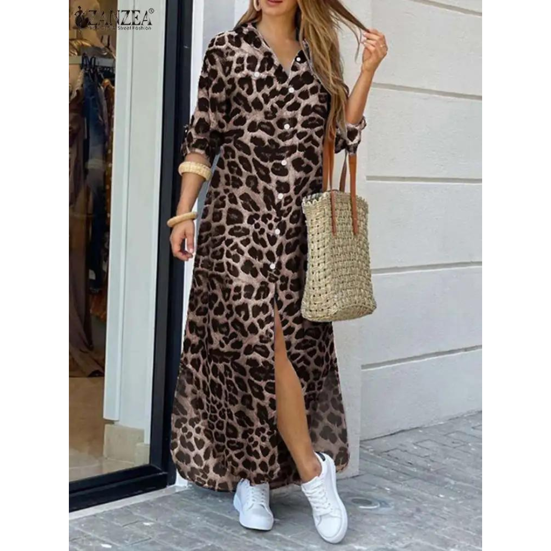 Vestido Longo Camisaria Estampa Animal Print com Fenda Frontal – Estilo e Conforto em Uma Única Peça