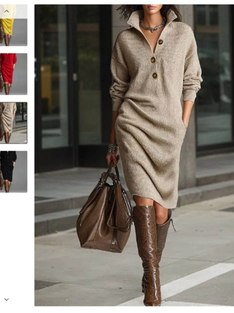 Vestido Feminino Casual de Malha com Botão e Lapela - Manga Longa, Bolsos e Modelagem Solta - Le Vie