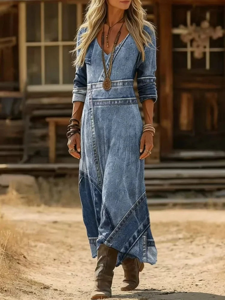 Vestido Longo Feminino Degradê com Decote V em Tecido Premium – Le Vie