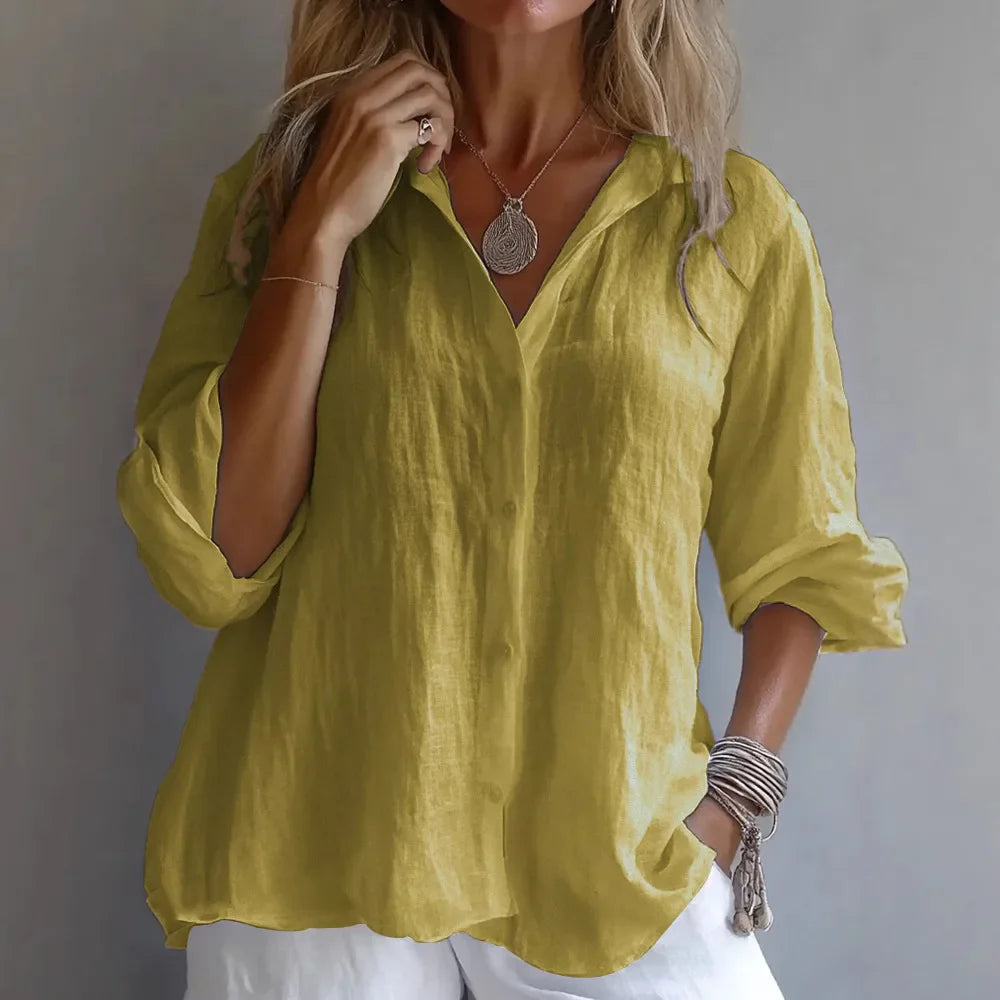 Blusa Feminina Casual de Manga Longa em Linho com Gola Virada e Corte Solto para Verão e Uso Diário – Le Vie