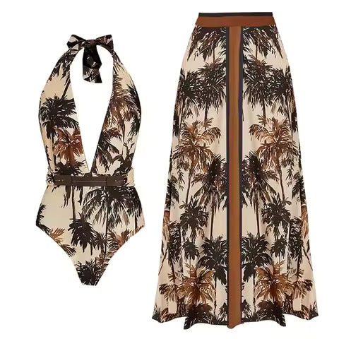 Maiô Feminino Floral Uma Peça Estilo Retrô com Decote V Profundo