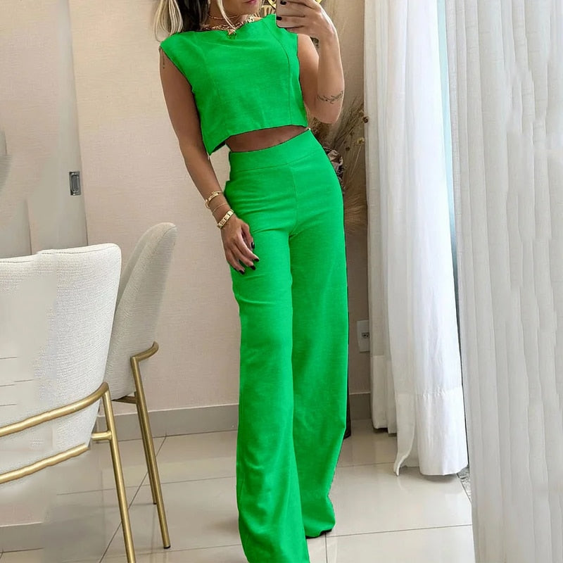 Conjunto Feminino de Calça Pantalona e Cropped Estruturado – Elegância e Conforto