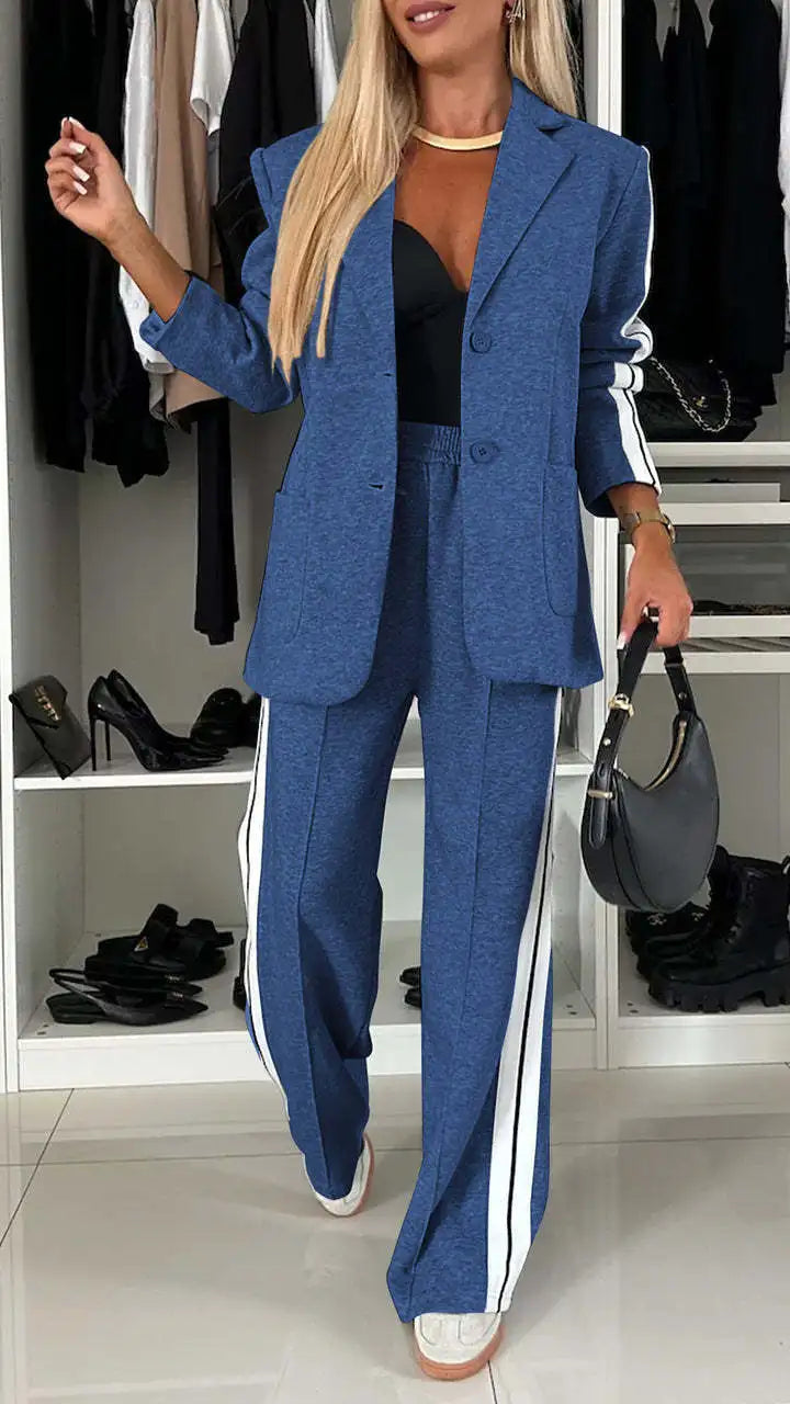 Conjunto Feminino de Blazer Alongado e Calça Reta Esportiva em Malha Estruturada Premium – Le Vie