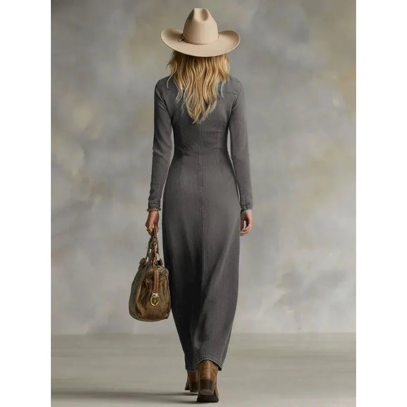 Vestido Maxi Feminino Jeans Vintage Lavado Estilo Boho Western com Manga Longa e Fenda na Barra – Le Vie