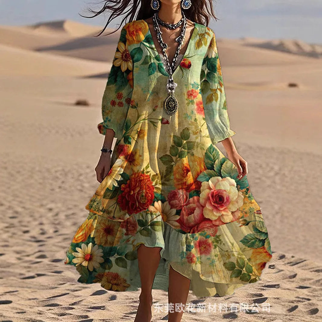 Vestido Feminino Boêmio Estampado de Manga Longa com Babado e Decote em V para Verão e Uso Casual – Le Vie