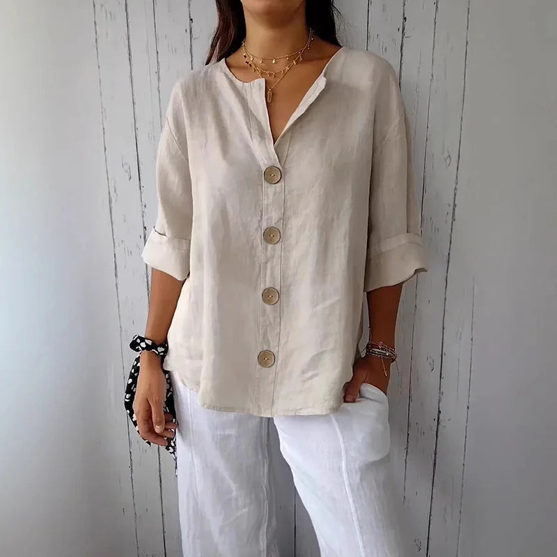 Camisa Feminina Casual Solta de Algodão e Linho com Decote em V e Botões para Escritório e Verão – Le Vie