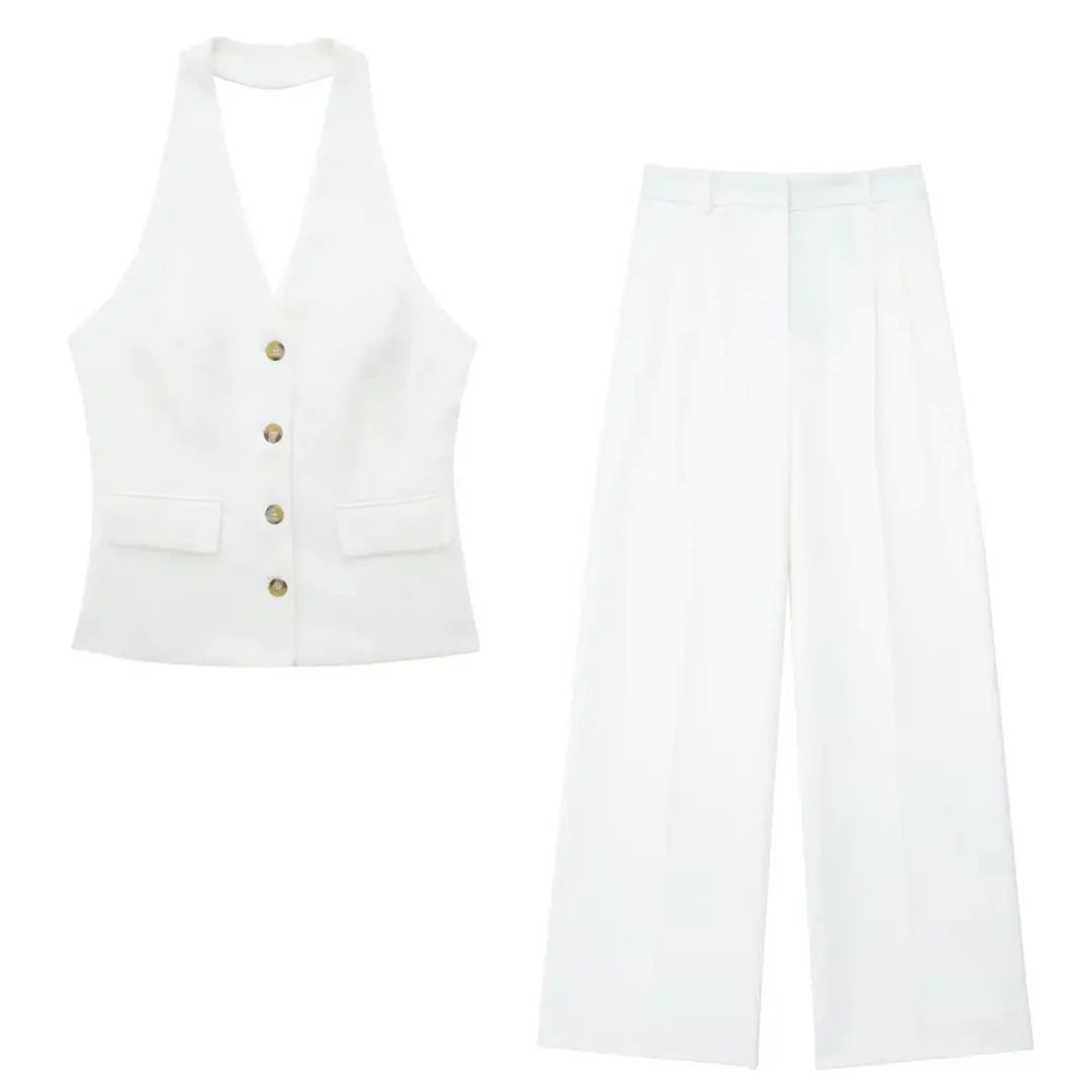 Conjunto Feminino Alfaiataria Colete Blazer Sem Mangas e Calça Pantalona em Tecido Premium – Le Vie
