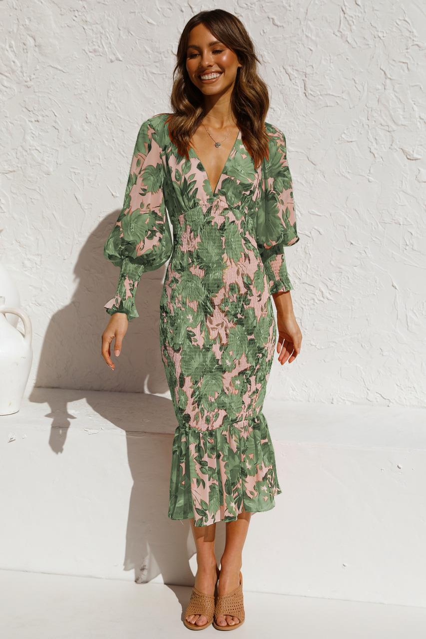 Vestido Midi Floral com Manga Longa Bufante e Babado na Barra – Feminilidade e Charme