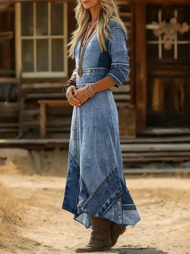 Vestido Longo Feminino Degradê com Decote V em Tecido Premium – Le Vie
