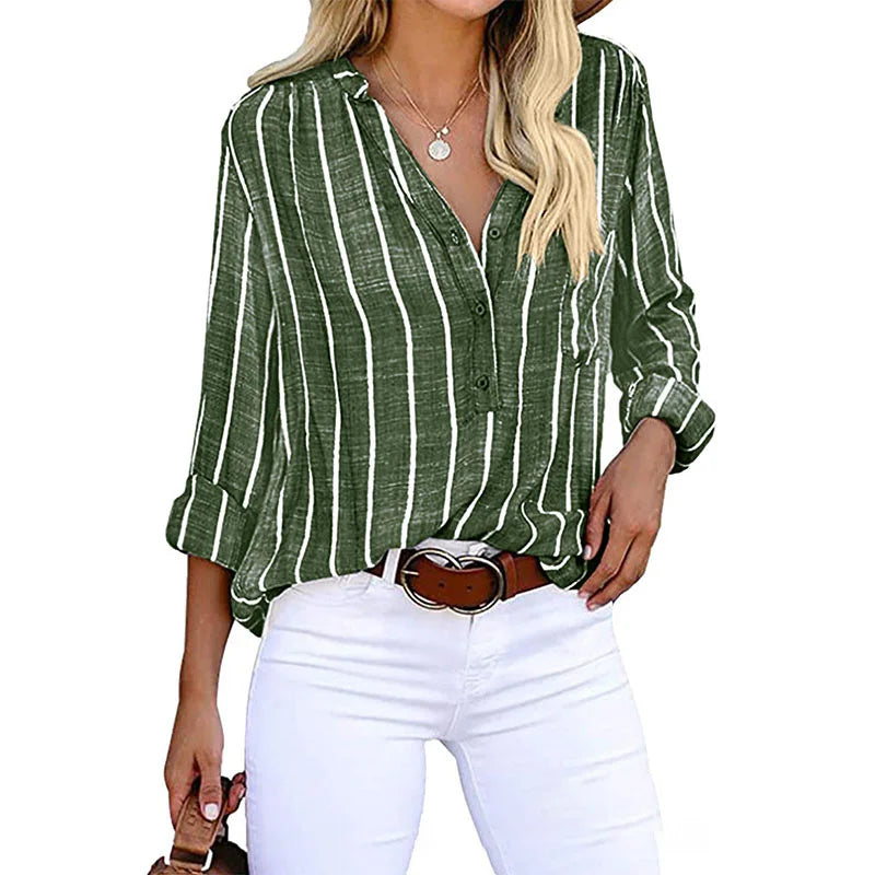 Camisa Feminina Listrada Manga Longa – Estilo Casual e Conforto