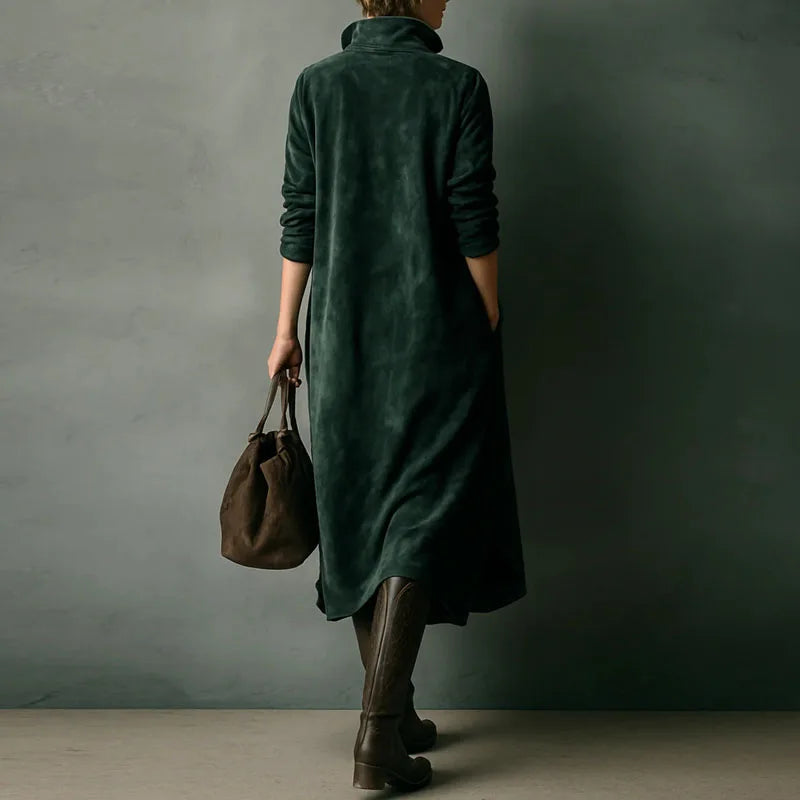 Vestido Feminino Vintage de Camurça Sólida com Colarinho Turn-Down e Botões - Pulôver de Inverno - Manga Longa - Le Vie