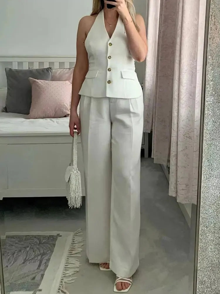 Conjunto Feminino Alfaiataria Colete Blazer Sem Mangas e Calça Pantalona em Tecido Premium – Le Vie