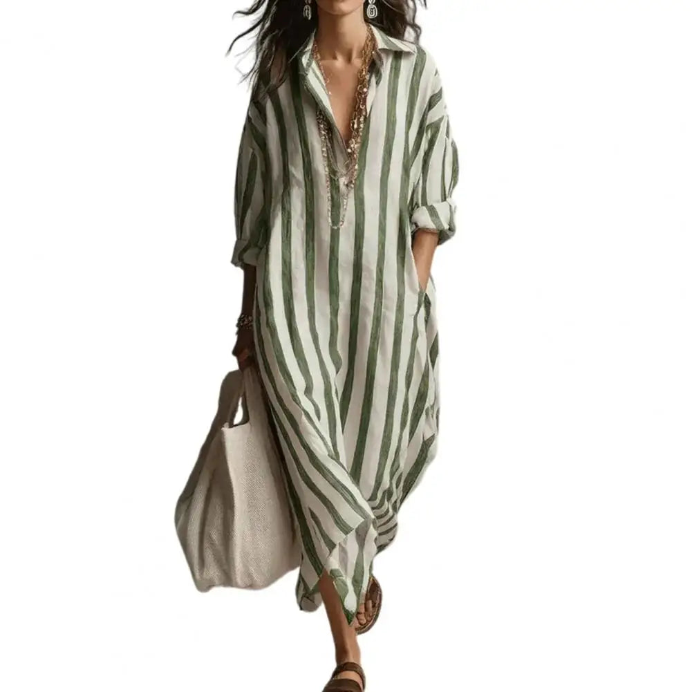 Vestido Feminino Listrado de Verão com Lapela Bolso e Fenda Lateral Corte Solto Manga Longa Estilo Europeu – Le Vie
