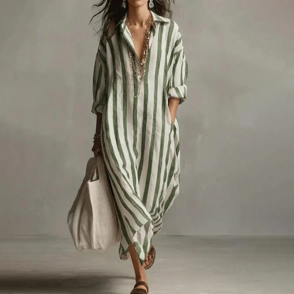 Vestido Feminino Listrado de Verão com Lapela Bolso e Fenda Lateral Corte Solto Manga Longa Estilo Europeu – Le Vie