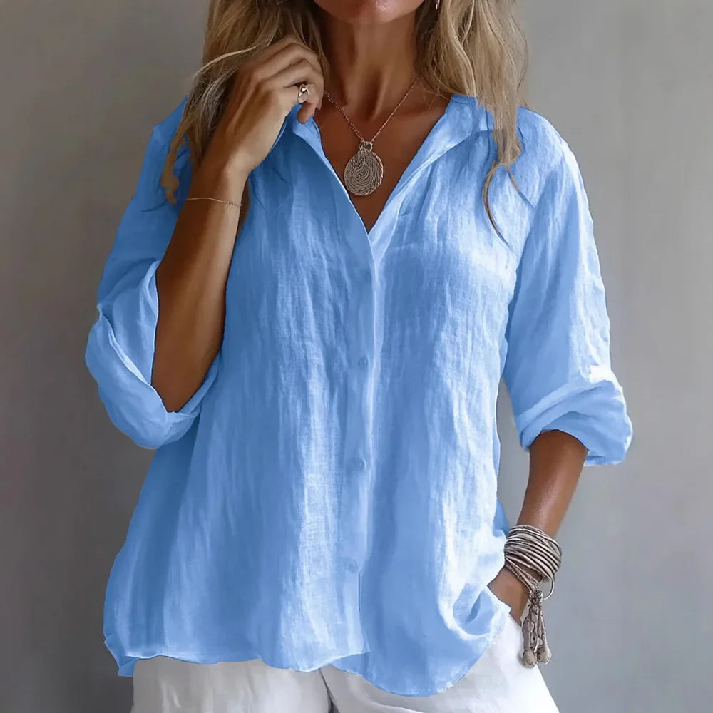 Blusa Feminina Casual de Manga Longa em Linho com Gola Virada e Corte Solto para Verão e Uso Diário – Le Vie