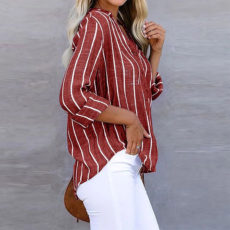 Camisa Feminina Listrada Manga Longa – Estilo Casual e Conforto