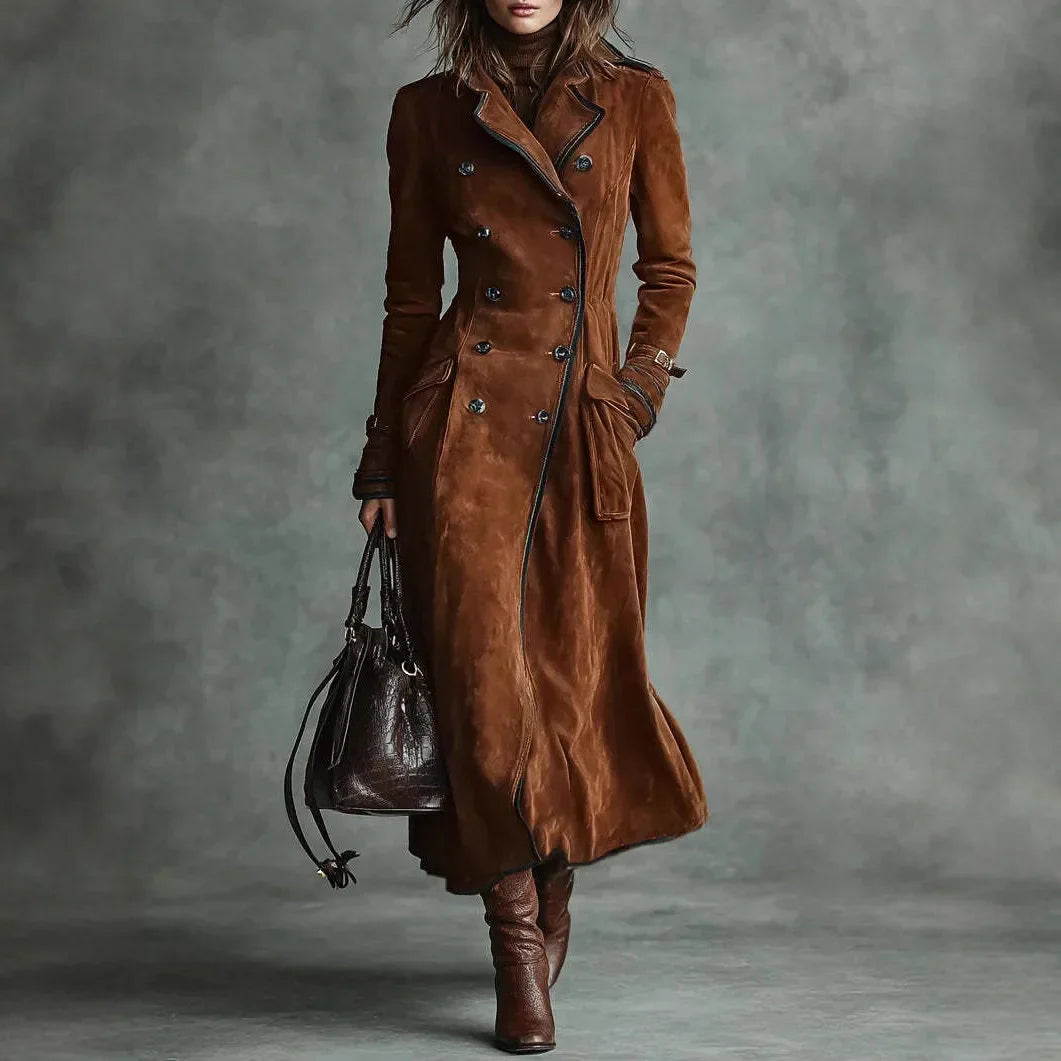 Jaqueta Feminina Longa Estilo Trench Coat em Suede com Cinto – Le Vie