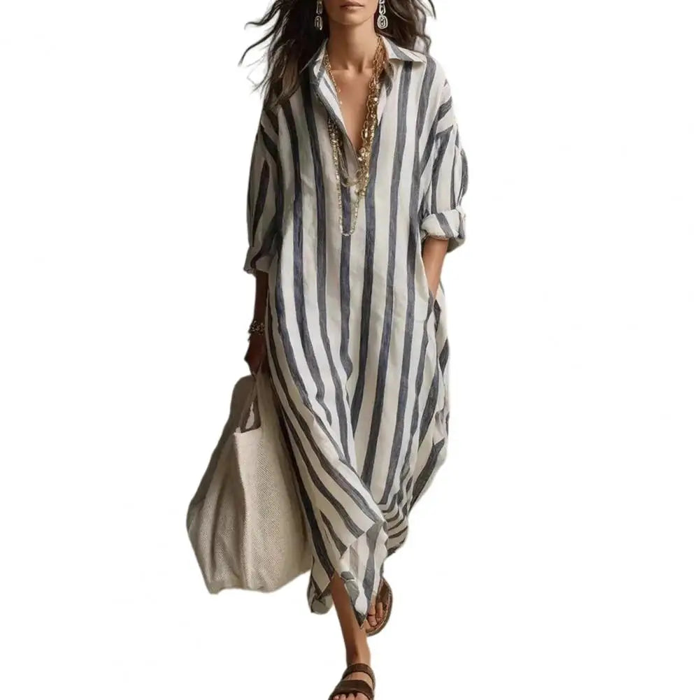Vestido Feminino Listrado de Verão com Lapela Bolso e Fenda Lateral Corte Solto Manga Longa Estilo Europeu – Le Vie