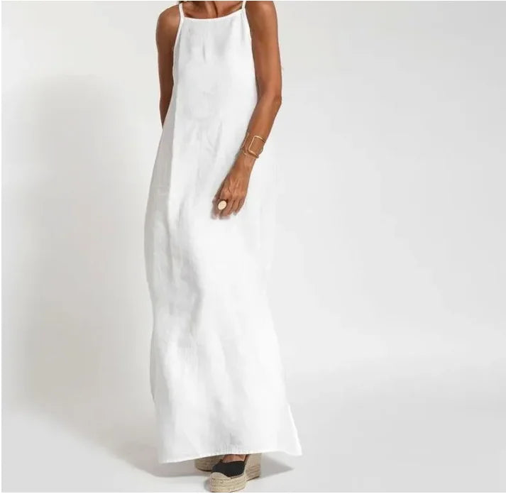 Vestido Longo Feminino com Fenda em Algodão e Linho Alças Finas – Le Vie