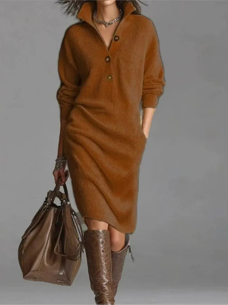 Vestido Feminino Casual de Malha com Botão e Lapela - Manga Longa, Bolsos e Modelagem Solta - Le Vie