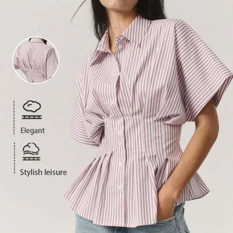 Blusa Feminina Listrada Estilo Coreano com Manga Batwing Curta e Lapela para Escritório e Verão – Le Vie