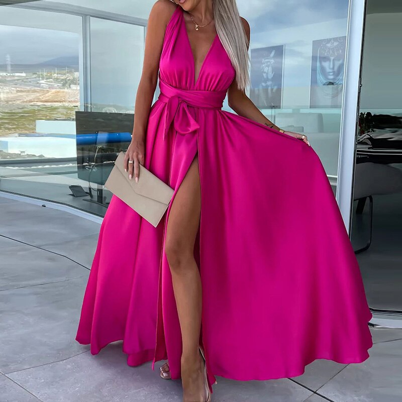 Vestido Longo com Fenda Alta e Decote Profundo – Elegância e Sensualidade em uma Única Peça