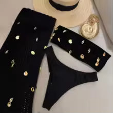 Conjunto Biquíni Feminino 3 Peças Beachwear com Maiô Um Ombro e Calça Crochê Verão