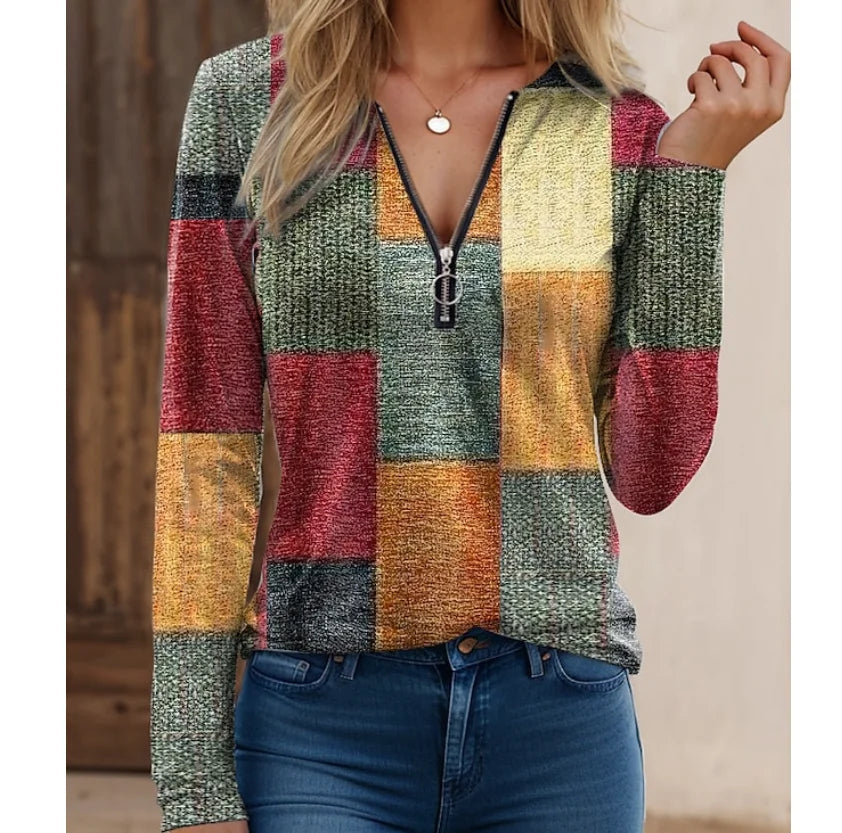 Blusa Feminina de Primavera e Outono com Zíper e Decote em V - Manga Longa - Solta e Confortável - Le Vie