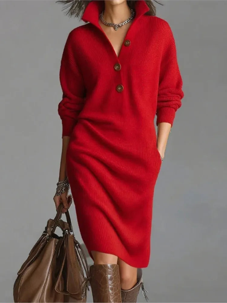 Vestido Feminino Casual de Malha com Botão e Lapela - Manga Longa, Bolsos e Modelagem Solta - Le Vie