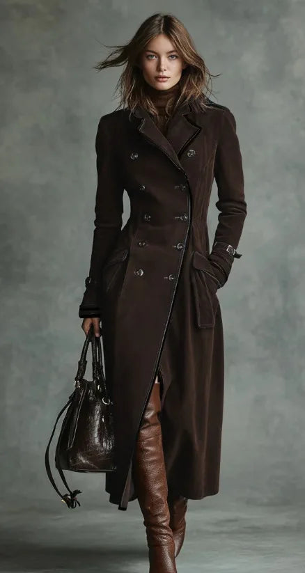Jaqueta Feminina Longa Estilo Trench Coat em Suede com Cinto – Le Vie