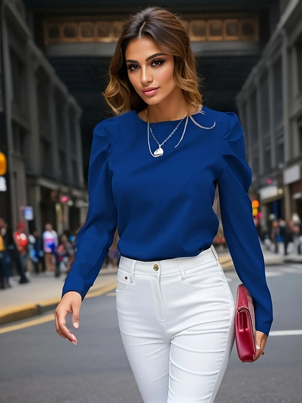 Blusa Casual Elegante – Mangas Franzidas Azul Sofisticação e Conforto