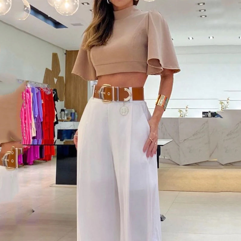 Conjunto Feminino Cropped Manga Flare com Calça Pantalona de Alfaiataria