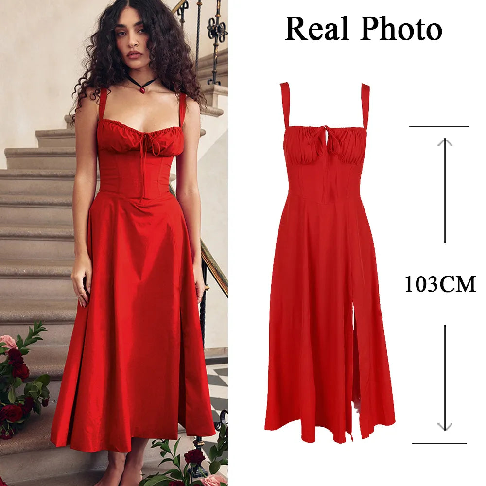 Vestido Midi Feminino com Busto Estruturado e Fenda em Tecido Leve – Le Vie