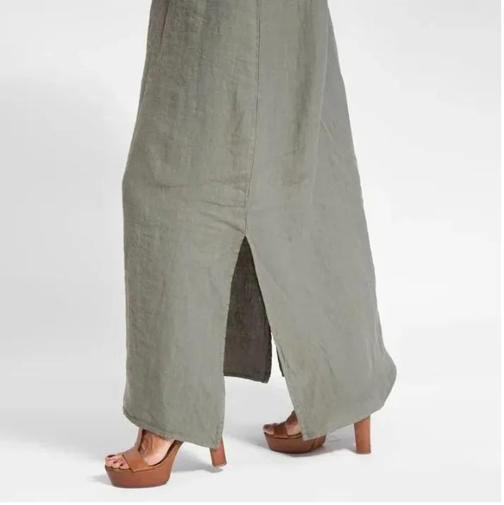 Vestido Longo Feminino com Fenda em Algodão e Linho Alças Finas – Le Vie