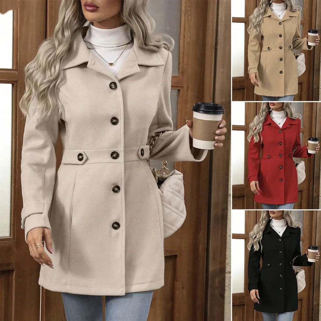 Blazer Feminino de Lã Comprimento Médio com Lapela e Botões Ajustáveis – Outono Inverno Le Vie
