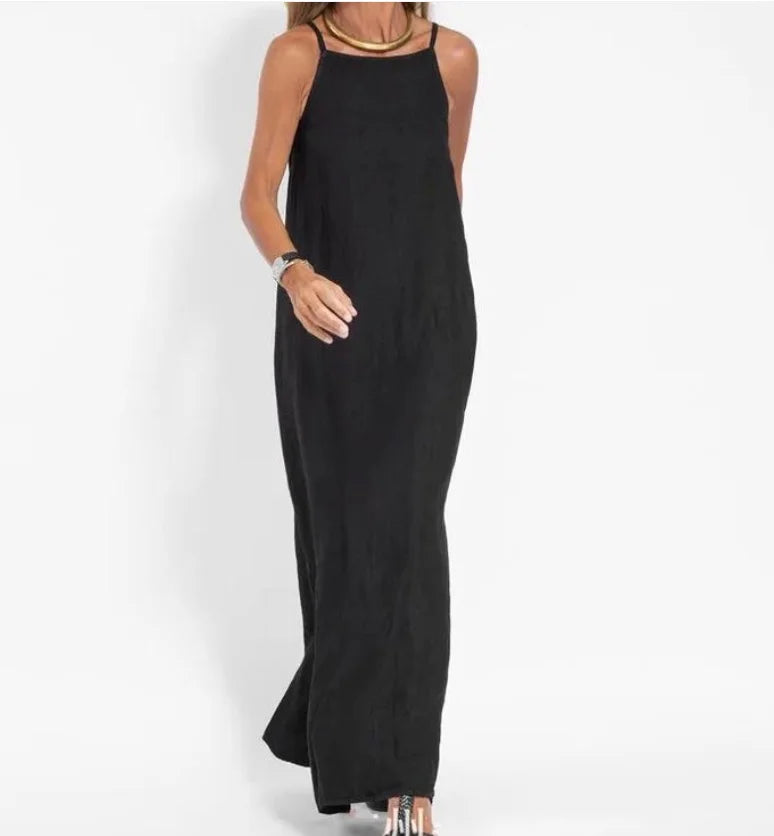 Vestido Longo Feminino com Fenda em Algodão e Linho Alças Finas – Le Vie