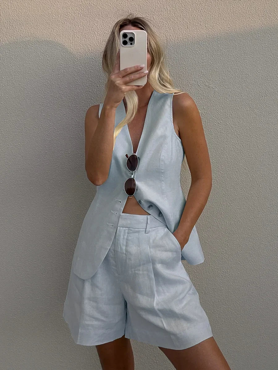 Conjunto Feminino Colete e Shorts em Linho com Algodão Premium Casual Chic – Le Vie