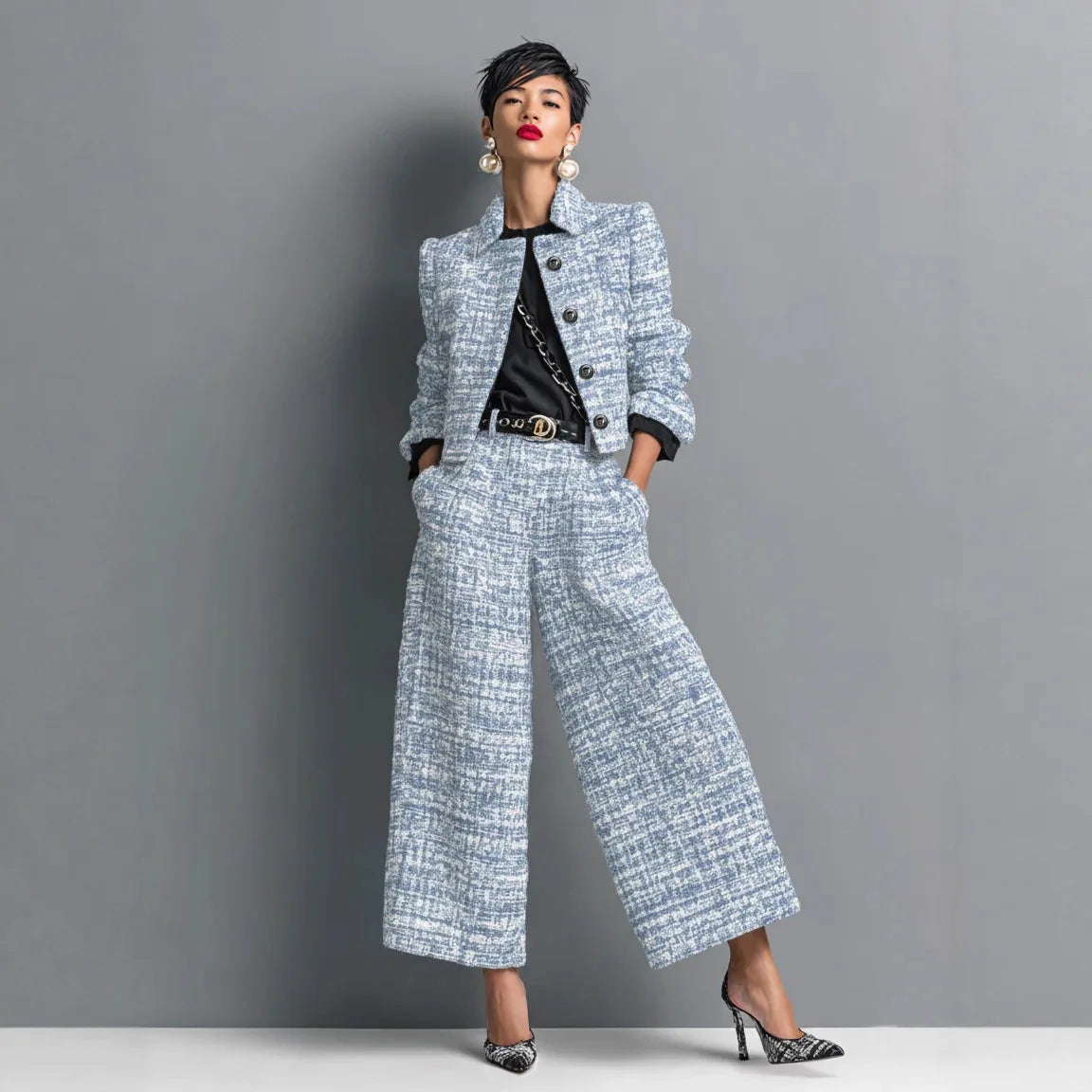 Conjunto Feminino de Jaqueta Curta e Calça Pantalona em Tecido Tweed Premium – Le Vie