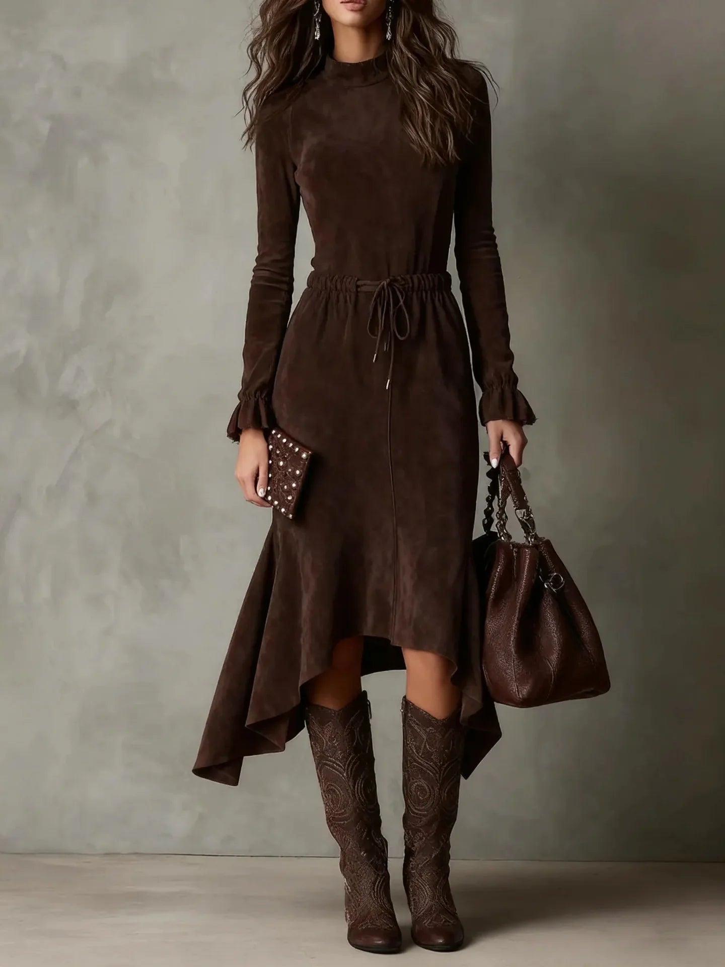 Vestido Longo Feminino de Camurça Sólida com Manga Longa e Gola Alta - Cintura Elástica e Laço - Le Vie
