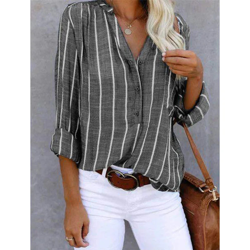 Camisa Feminina Listrada Manga Longa – Estilo Casual e Conforto