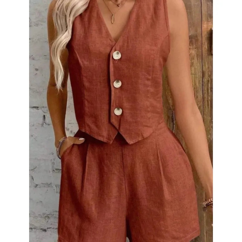 Conjunto Feminino de Colete e Shorts em Linho com Algodão Premium – Le Vie