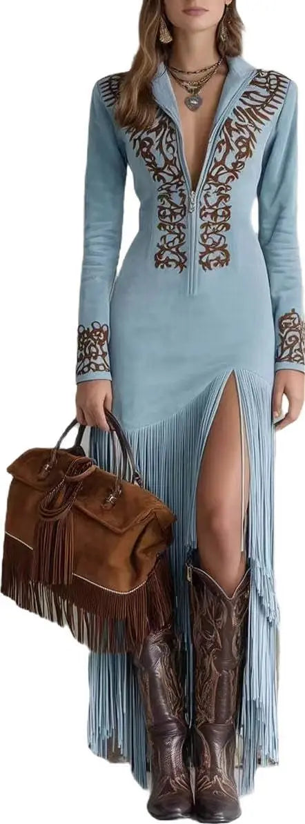 Vestido Feminino Longo Ajustado com Fenda, Franjas e Bordado Boho em Suede – Le Vie