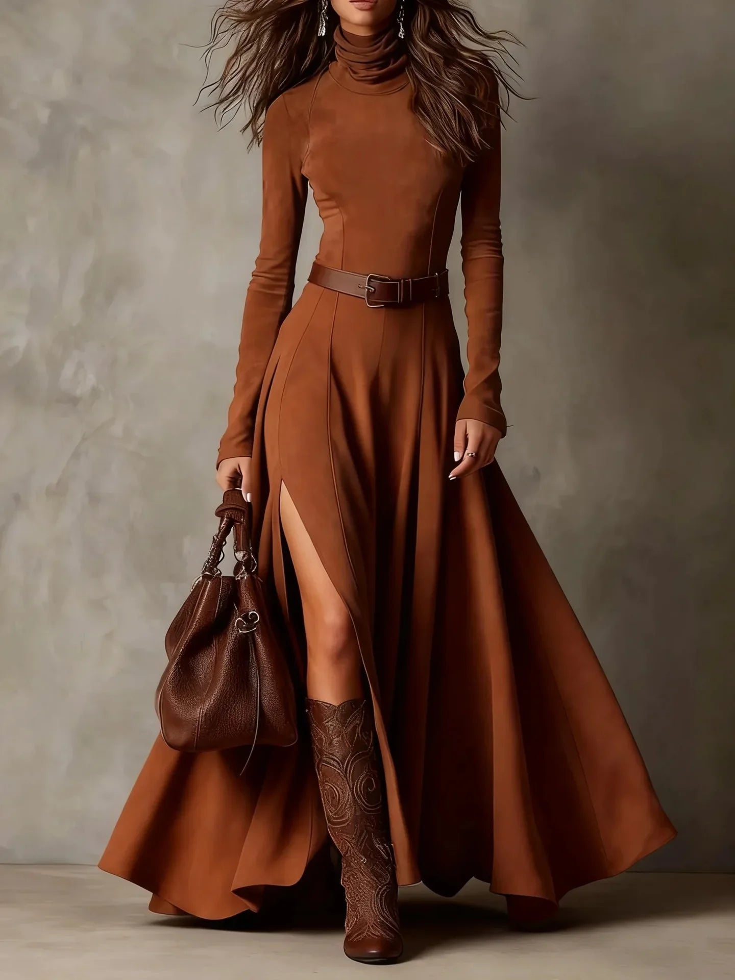 Vestido Feminino Longo de Manga Longa com Gola Alta e Fenda em Malha Premium – Le Vie