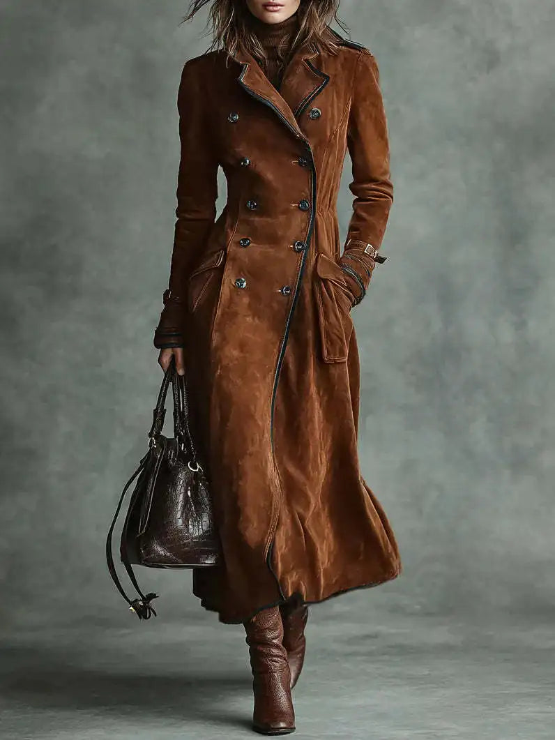 Jaqueta Feminina Longa Estilo Trench Coat em Suede com Cinto – Le Vie
